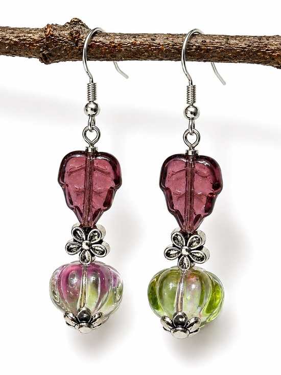 Hand Crafted Jewelry - Boho Glass Leaf Earrings, Plum Leaf Mixed Glass Dangle, Artisan, Ships Free